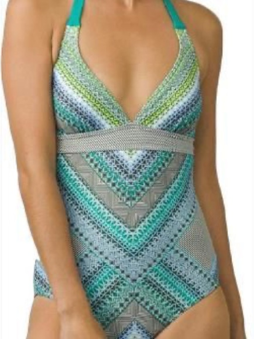 PrAna Geometric Print One-Piece Swimsuit in Aqua & Lime Halter Style Size L